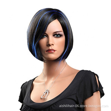 Wholesale heat resistant synthetic blue and brown short bob wigs natural straight hair wig for women